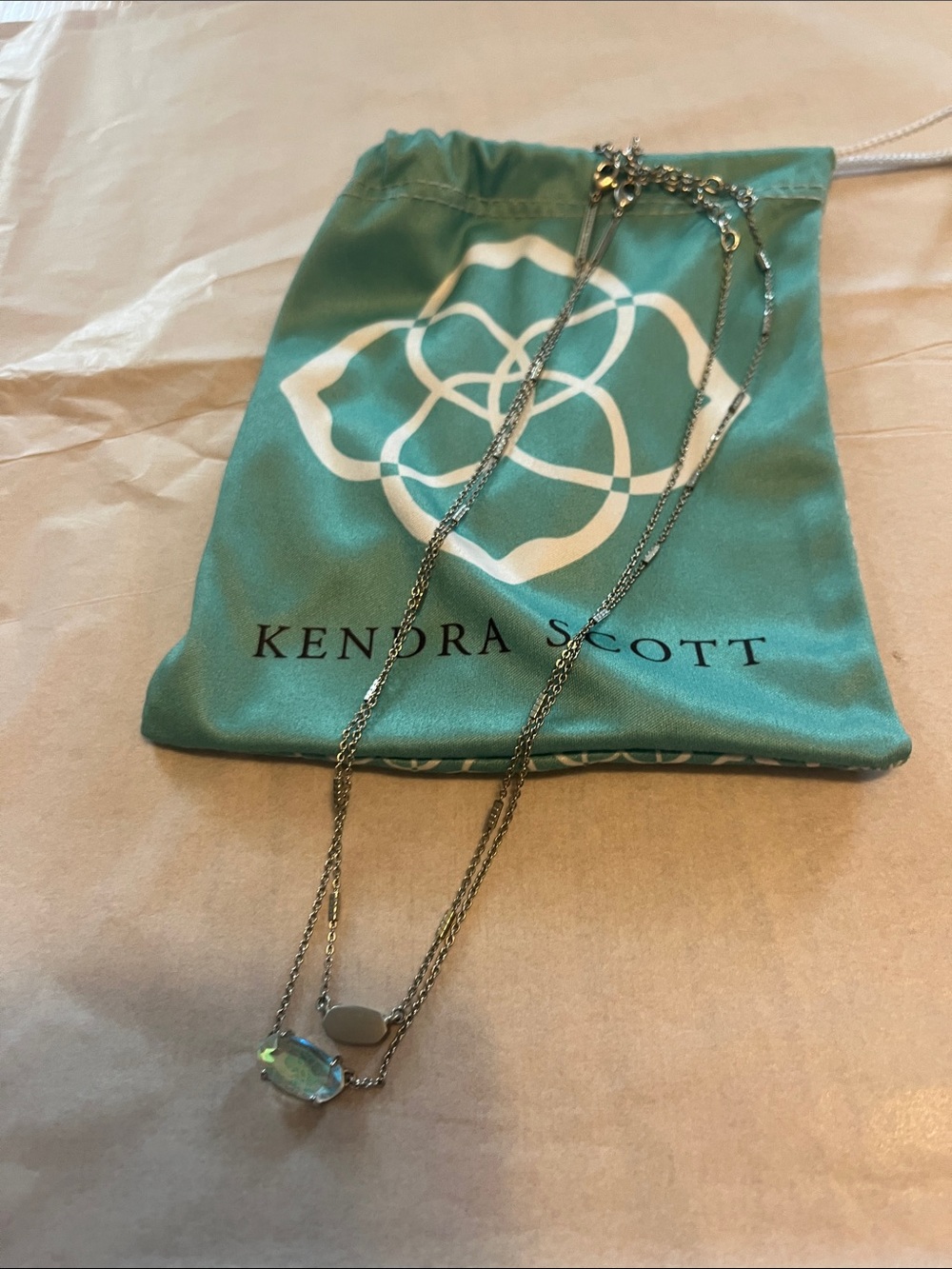 Kendra Scott Silver Necklace with Iridescent Green-Blue Stone